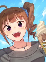 Rule 34 | 1girl, absurdres, ahoge, blush, brown hair, collarbone, day, drill hair, food, highres, ice cream, ice cream cone, idolmaster, idolmaster million live!, jewelry, kamille (vcx68), looking at viewer, necklace, open mouth, outdoors, purple eyes, scrunchie, short hair, side drill, smile, solo, teeth, upper body, yokoyama nao