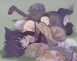 Rule 34 | 10s, 1boy, animal ears, barefoot, black cat, blue hair, cat, cat ears, cat tail, hans humpty, highres, lying, male focus, on side, open mouth, otaki55, rokka no yuusha, sleeping, solo, tail, torn clothes, white cat