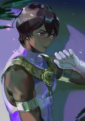 Rule 34 | 1boy, arjuna (fate), black eyes, black hair, commentary, crying, crying with eyes open, dark-skinned male, dark skin, english commentary, fate/grand order, fate (series), from side, gloves, hair between eyes, highres, jewelry, looking down, male focus, shadow, shirt, short hair, sidelighting, sleeveless, sleeveless shirt, solo, taro-k, tearing up, tears, tight clothes, tight shirt, toned, toned male, upper body, very dark skin, white gloves