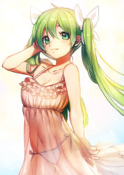 Rule 34 | 1girl, alternate costume, arm behind back, arm up, babuixxx, babydoll, bare shoulders, collarbone, dress, frey (rune factory), frills, green eyes, hair between eyes, hair ribbon, hand on own head, long hair, looking at viewer, midriff, mochizuki anko, navel, panties, parted lips, ribbon, rune factory, rune factory 4, see-through, solo, strap, translucent, twintails, underwear