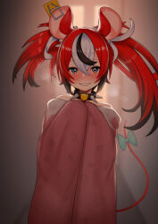 Rule 34 | 1girl, animal ears, blanket, blush, bow, collar, covering privates, emoto shikeko, grin, hakos baelz, heavy breathing, highres, hololive, hololive english, looking at viewer, mouse ears, multicolored hair, nude cover, red hair, sharp teeth, smile, solo, spiked collar, spikes, streaked hair, tail, tail bow, tail ornament, teeth, upper body, virtual youtuber