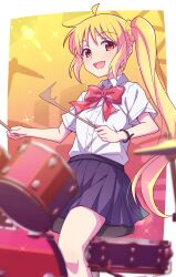 Rule 34 | 1girl, :d, ahoge, blonde hair, blurry, blurry foreground, blush, bocchi the rock!, bow, braid, breasts, collared shirt, depth of field, dress shirt, drum, drum set, drumsticks, e20, highres, holding, holding drumsticks, ijichi nijika, instrument, long hair, looking at viewer, motion blur, open mouth, pleated skirt, polka dot, polka dot bow, purple skirt, red bow, red eyes, shirt, short sleeves, side ponytail, skirt, small breasts, smile, solo, very long hair, white shirt