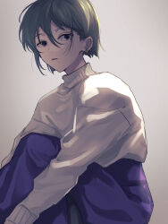 Rule 34 | 1girl, alternate costume, black eyes, commentary request, d:, double-parted bangs, ear piercing, earrings, feet out of frame, gradient background, green hair, grey background, hair behind ear, hair between eyes, highres, jewelry, kagerou project, kido tsubomi, long bangs, long sleeves, looking at viewer, mokemoke chan, muted color, open mouth, parted lips, partial commentary, piercing, purple skirt, short hair, sidelighting, skirt, solo, squatting, sweater, turtleneck, turtleneck sweater, white sweater