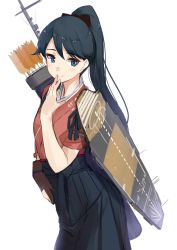 Rule 34 | 10s, 1girl, absurdres, akasaai, anchor symbol, arrow (projectile), black hair, black hakama, blue eyes, blush, brown gloves, closed mouth, finger to mouth, fletches, flight deck, gloves, hakama, hakama short skirt, hakama skirt, highres, houshou (kancolle), japanese clothes, kantai collection, kimono, long hair, looking at viewer, musical note, partially fingerless gloves, partly fingerless gloves, ponytail, quaver, short sleeves, simple background, single glove, skirt, smile, solo, white background, yugake