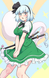 1girl black_hairband blue_eyes blue_hair blush breasts dress frilled_dress frills green_dress hairband highres kakone konpaku_youmu looking_at_viewer short_hair solo touhou