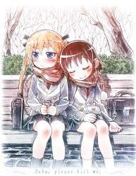 Rule 34 | 2girls, bag, blonde hair, blue eyes, blush, briefcase, brown hair, closed eyes, closed mouth, commentary request, copyright name, day, english text, hair ribbon, highres, kill me baby, leaning on person, long hair, long sleeves, multiple girls, oribe yasuna, outdoors, ribbon, sakino shingetsu, scarf, school bag, school briefcase, short hair, sitting, sketch, smile, sonya (kill me baby), winter uniform, yuri