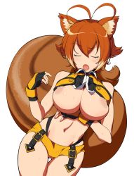 Rule 34 | 1girl, animal ear fluff, animal ears, antenna hair, arm under breasts, blazblue, blush, breasts, breasts out, cameltoe, colorized, cowboy shot, closed eyes, fang, fingerless gloves, gloves, henyaan (oreizm), highleg, highleg panties, highres, large breasts, legs together, makoto nanaya, navel, nipple slip, nipples, open mouth, panties, revealing clothes, short hair, solo, squirrel ears, squirrel girl, squirrel tail, sweat, tail, thigh gap, third-party edit, transparent background, underwear