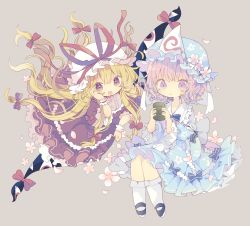 Rule 34 | 2girls, black footwear, blonde hair, blue bow, blue bowtie, blue headwear, blue kimono, blush, bow, bowtie, cherry blossoms, chibi, commentary request, cup, dress, floating hair, floral print, flower, frilled kimono, frilled sleeves, frills, full body, gap (touhou), grey background, hair bow, hat, hat flower, hat ribbon, highres, holding, holding cup, japanese clothes, kimono, long hair, long sleeves, looking at viewer, mob cap, multiple girls, nikorashi-ka, open mouth, pink eyes, pink flower, pink hair, purple dress, purple eyes, red bow, red ribbon, ribbon, saigyouji yuyuko, shoes, short hair, simple background, socks, teeth, touhou, triangle mouth, triangular headpiece, upper teeth only, very long hair, white headwear, white socks, wrist cuffs, yakumo yukari, yunomi