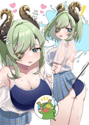 Rule 34 | !, 1girl, absurdres, ass, blush stickers, breasts, brown horns, cleavage, curled horns, demon girl, demon horns, eyepatch, green eyes, green hair, heart, highres, horns, large breasts, leaning forward, looking at viewer, medium bangs, nanashi inc., one-piece swimsuit, pleated skirt, school swimsuit, see-through, see-through shirt, sekishiro mico, shirt, sidelocks, skirt, swimsuit, swimsuit under clothes, tamotsu (mary), thighs, translation request, virtual youtuber, wet, wet clothes, wet shirt