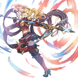 Rule 34 | 1girl, blonde hair, blue eyes, breasts, cleavage, full body, granblue fantasy, hair intakes, hair ornament, hairband, highres, long hair, looking at viewer, navel, polearm, shimatani azu, simple background, smile, solo, spear, thighhighs, thighs, twintails, weapon, zeta (granblue fantasy)