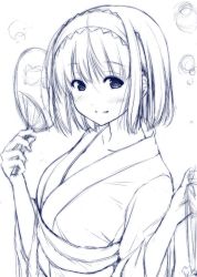 Rule 34 | 1girl, alice margatroid, alternate costume, bag, blunt bangs, blush, breasts, bubble, collarbone, commentary request, greyscale, hairband, hand fan, holding, holding bag, holding fan, japanese clothes, kimono, long sleeves, looking at viewer, medium breasts, monochrome, nori tamago, paper fan, parted lips, pouch, sash, short hair, sketch, smile, solo, touhou, uchiwa, upper body, wide sleeves