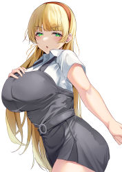 Rule 34 | 1girl, :o, absurdres, alternate breast size, blonde hair, blush, breasts, collared shirt, commentary request, dress, from side, green eyes, grey dress, hair ornament, hairband, heanna sumire, highres, large breasts, long hair, looking at viewer, looking to the side, love live!, love live! superstar!!, namazu (yamasonson), parted lips, red hairband, shirt, short sleeves, simple background, solo, standing, white background, white shirt