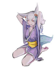 Rule 34 | 1girl, absurdres, ahri (league of legends), animal ears, armpits, arms up, barefoot, bell, breasts, cleavage, collarbone, facial mark, film grain, fox ears, fox tail, grey hair, grin, hair bell, hair ornament, highres, japanese clothes, kimono, league of legends, long hair, long sleeves, looking at viewer, mouth hold, mumuy, orange eyes, simple background, sketch, slit pupils, smile, solo, tail, teeth, whisker markings, white background, wide sleeves, yukata