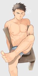 Rule 34 | !, 1boy, annoyed, aper, bara, black hair, bottomless, boxer briefs, chair, feet, from above, green eyes, highres, leg up, looking at viewer, male focus, male underwear, muscular, nipples, one eye closed, original, pectorals, pout, simple background, sitting, sleepy, solo, spoken exclamation mark, topless male, underwear, underwear only