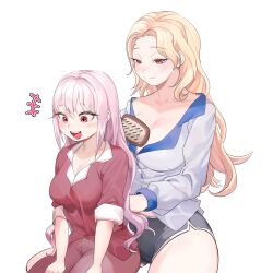 Rule 34 | 2girls, :d, alice (nikke), blonde hair, blush, breasts, brushing hair, cleavage, goddess of victory: nikke, hair brush, highres, korean commentary, long hair, ludmilla (nikke), multiple girls, open mouth, oung69, pink eyes, pink hair, red eyes, shorts, simple background, sitting, smile, white background