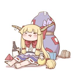 Rule 34 | 1girl, barefoot, blonde hair, blue skirt, blush, bottle, bow, bowtie, closed eyes, cork, cuffs, drooling, drunk, gourd, grey ribbon, hair bow, holding, holding bottle, horn ornament, horn ribbon, horns, ibuki suika, long hair, mouth drool, oni horns, open mouth, poronegi, pyramid (geometry), red bow, red bowtie, ribbon, shackles, shirt, sidelocks, simple background, sitting, skirt, solo, toes, touhou, very long hair, white background, white shirt, wrist cuffs