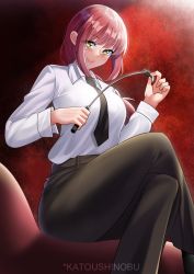 Rule 34 | 1girl, absurdres, black footwear, black necktie, black pants, black suit, braid, braided ponytail, breasts, chainsaw man, chair, closed mouth, collared shirt, crossed legs, formal, full body, highres, holding, holding riding crop, holding whip, katou shinobu, light smile, long hair, long sleeves, looking at viewer, makima (chainsaw man), medium breasts, necktie, oxfords, pants, red hair, riding crop, ringed eyes, shirt, sidelocks, simple background, single braid, sitting, solo, suit, white shirt, yellow eyes