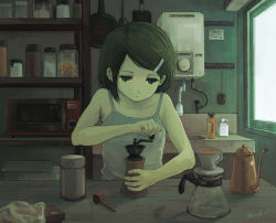 Rule 34 | 1girl, brown hair, camisole, coffee grinder, coffee pot, expressionless, green eyes, hair ornament, hairclip, jar, kensight328, microwave, original, shadow, shelf, short hair, signature, sink, solo, upper body, white camisole, window
