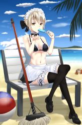Rule 34 | 1girl, apron, artoria pendragon (alter swimsuit rider) (fate), artoria pendragon (alter swimsuit rider) (second ascension) (fate), artoria pendragon (fate), bad id, bad pixiv id, ball, bare arms, bare shoulders, beachball, bench, bikini, black bikini, black bow, black bowtie, black thighhighs, blonde hair, blue sky, bow, bowtie, breasts, broom, crab, day, eating, fate/grand order, fate (series), frills, hair bow, hair ornament, highres, jun (aousa0328), looking at viewer, maid, maid bikini, maid headdress, medium breasts, navel, outdoors, palm tree, shoes, short hair, sitting, sky, solo, swimsuit, thighhighs, tree, unconventional maid, water, yellow eyes