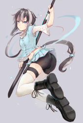 Rule 34 | 1girl, ass, bike shorts, black hair, blue eyes, boots, groin, highres, long hair, midriff, multicolored hair, navel, original, simple background, solo, sword, thigh strap, thighhighs, weapon, xue feng