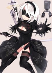 Rule 34 | 1girl, artist name, black dress, black gloves, black thighhighs, blindfold, boots, breasts, cat, center opening, cleavage, dress, facing viewer, gloves, grey background, hairband, highleg, highres, katana, large breasts, leotard, mole, mole under mouth, nahaki, nier (series), nier:automata, outstretched arm, parted lips, pod (nier:automata), short hair, signature, sin-poi, solo, sword, thigh boots, thighhighs, thighs, weapon, white hair, white leotard, 2b (nier:automata)