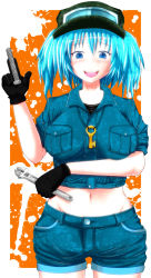 Rule 34 | 1girl, alternate costume, aqua hair, between breasts, black gloves, blue eyes, blue hair, breast hold, breasts, crop top, denim, denim jacket, denim shorts, gloves, groin, hand up, hat, highres, jacket, jewelry, kawashiro nitori, key, key necklace, large breasts, looking at viewer, matching hair/eyes, midriff, mizusuke, navel, necklace, ootsue iichi, open mouth, screw, short hair, shorts, smile, solo, touhou, twintails, two side up, wrench