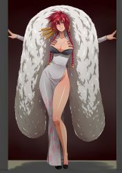 Rule 34 | 1girl, blue eyes, braid, breasts, cleavage, curvy, doctor zexxck, dress, full body, fur, getbackers, grin, high heels, highres, jorogumo (getbackers), large breasts, legs, looking at viewer, red hair, short hair, smile, solo, thick thighs, thighs, twin braids, twintails