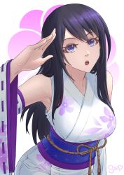 Rule 34 | 1girl, :o, bare shoulders, black hair, blue eyes, blue sash, breasts, character request, commentary request, copyright request, detached sleeves, highres, japanese clothes, kimono, large breasts, long hair, long sleeves, looking at viewer, obi, open mouth, sash, sleeveless, sleeveless kimono, solo, sthreep, upper body, white kimono