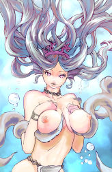 Rule 34 | 1girl, artist request, bracelet, breasts, breasts squeezed together, bubble, choker, commentary request, crown, deep skin, fins, floating hair, grabbing, grabbing another&#039;s breast, granblue fantasy, head fins, highres, jewelry, large breasts, lips, loincloth, long hair, nipples, pink eyes, purple hair, solo, tentacles, topless, tsurime, underwater, varuna (granblue fantasy)