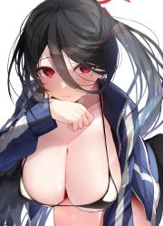 Rule 34 | 1girl, bikini, bikini top only, black hair, black wings, blue archive, blush, breasts, cleavage, gym uniform, hair ornament, halo, hasumi (blue archive), hasumi (track) (blue archive), highres, huge breasts, jacket, long hair, looking at viewer, low wings, mole, mole under eye, nidaime (doronbo), official alternate costume, ponytail, red eyes, simple background, solo, steam, sweat, swimsuit, thigh gap, thighs, unzipped, white background, wings