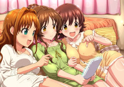 Rule 34 | 3girls, aqua eyes, arm hug, bare legs, bed, bed sheet, blush, breasts, brown hair, character request, closed mouth, collarbone, covered erect nipples, frills, highres, honda mio, huddle, ichinose shiki, idolmaster, idolmaster cinderella girls, indoors, kezune (i- -i), leaning on object, leaning on person, long hair, lying, medium breasts, multiple girls, open mouth, phone, pillow, short hair, sleepwear, small breasts, smile, wide hips, yellow eyes
