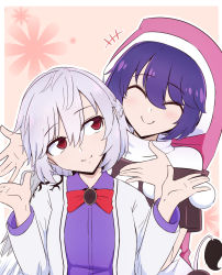 Rule 34 | +++, 2girls, angel wings, blue hair, blush, bow, bowtie, braid, commentary request, cropped legs, dark blue hair, doremy sweet, dress, closed eyes, french braid, hair between eyes, hat, highres, jacket, kishin sagume, looking to the side, multiple girls, pink background, pom pom (clothes), purple dress, red eyes, red neckwear, santa hat, shio (futatsumami), short hair, silver hair, single wing, smile, tail, tapir tail, touhou, turtleneck, upper body, white jacket, wings