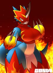 Rule 34 | 1girl, absurdres, armor, digimon, digimon (creature), female focus, fire, fladramon, highres, horns, solo, tail