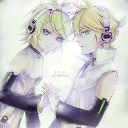 Rule 34 | 1boy, 1girl, bad id, bad pixiv id, blonde hair, blue eyes, brother and sister, detached sleeves, hair ribbon, headphones, kagamine len, kagamine len (append), kagamine rin, kagamine rin (append), ribbon, rinringyo, siblings, twins, vocaloid, vocaloid append