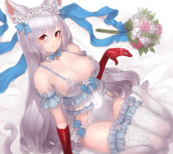 Rule 34 | 1girl, :o, absurdres, animal ear fluff, blush, bouquet, breasts, cat girl, cleavage, collarbone, commentary request, elbow gloves, flower, frills, gloves, hair between eyes, highres, king&#039;s raid, kirze, large breasts, long hair, looking at viewer, open mouth, red eyes, red gloves, silver hair, sitting, solo, thighhighs, very long hair, wariza, white thighhighs, yu mochi (kamiinu)