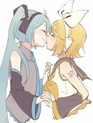 Rule 34 | 2girls, aqua hair, aqua nails, aqua necktie, arm warmers, bare shoulders, black sleeves, blonde hair, blush, bow, closed eyes, collar, commentary, crop top, cropped torso, detached sleeves, from side, grey collar, grey shirt, hair bow, hair ornament, hairclip, hatsune miku, headphones, highres, holding hands, imminent kiss, kagamine rin, kiss day, light blush, long hair, m0ti, multiple girls, nail polish, neckerchief, necktie, noses touching, sailor collar, school uniform, shirt, short hair, short sleeves, sleeveless, sleeveless shirt, smile, swept bangs, twintails, twitter username, upper body, very long hair, vocaloid, white bow, white shirt, yellow nails, yellow neckwear, yuri
