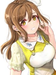 Rule 34 | 1girl, absurdres, artist name, artist request, back bow, blush, bow, breasts, brown eyes, brown hair, collarbone, collared shirt, curly hair, female focus, flower, flower bracelet, flower print, goodnight everyone!, hair between eyes, hair bow, highres, kunikida hanamaru, light brown hair, long hair, looking at viewer, love live!, love live! school idol festival, love live! sunshine!!, matching hair/eyes, medium breasts, oyasumina-san!, parted lips, playing with own hair, puffy short sleeves, puffy sleeves, shirt, short sleeves, shuzuta, smile, solo, star (symbol), star print, upper body, white background, white bow, yellow eyes, yellow flower, yellow shirt