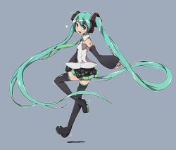 Rule 34 | 1girl, aize, armpits, boots, detached sleeves, from side, green eyes, green hair, grey background, hatsune miku, headphones, headset, highres, jumping, long hair, looking at viewer, matching hair/eyes, microphone, open mouth, ribbon, shirt, simple background, skirt, sleeveless, sleeveless shirt, smile, solo, thigh boots, thighhighs, very long hair, vocaloid, zettai ryouiki