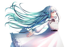 Rule 34 | 1girl, bad id, bad pixiv id, butterfly hair ornament, closed eyes, collared dress, commentary request, commission, dress, frilled dress, frills, from side, green hair, hair ornament, long hair, long sleeves, mamel 27, original, outstretched arm, parted lips, profile, puffy long sleeves, puffy sleeves, simple background, solo, very long hair, white background, white dress