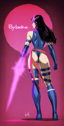 Rule 34 | 1girl, artist request, back, blue leotard, character name, curvy, energy blade, full body, glowing, glowing weapon, highleg, highleg leotard, highres, leotard, long hair, looking at viewer, looking back, marvel, psylocke, purple hair, red sash, sash, shiny skin, solo, very long hair, weapon, wide hips, x-men