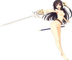Rule 34 | 1girl, absurdres, barefoot, black hair, breasts, full body, highres, koikishi purely kiss, long hair, medium breasts, nipples, nude, rapier, red eyes, scan, shidou mana, simple background, solo, sword, weapon, white background, yuuki hagure