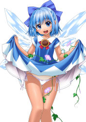 Rule 34 | 1girl, :d, absurdres, blue bow, blue dress, blue eyes, blue hair, blush, bow, bow panties, cirno, clothes lift, collarbone, dress, dress lift, female focus, hair bow, hair ornament, head tilt, highres, ice, ice wings, lifting own clothes, looking at viewer, one-piece tan, open mouth, panties, plant, scan, short sleeves, side-tie panties, simple background, skirt hold, smile, solo, standing, tan, tanline, tomoki tomonori, touhou, two-tone dress, underwear, white background, white dress, white panties, wings