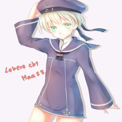 Rule 34 | 10s, 1girl, bad id, bad pixiv id, beret, blue eyes, character name, clothes writing, dress, hat, kantai collection, maronie., personification, sailor collar, sailor dress, sailor hat, short hair, silver hair, solo, z1 leberecht maass (kancolle)
