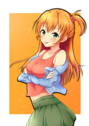 Rule 34 | 1girl, bare shoulders, blue jacket, blush, border, breasts, brown hair, collarbone, cowboy shot, crossed arms, from side, green eyes, green skirt, hair tie, hands up, highres, idolmaster, idolmaster dearly stars, jacket, long hair, long sleeves, looking at viewer, medium breasts, midriff peek, nagmilk, off shoulder, open clothes, open jacket, orange background, outside border, red shirt, sakurai yumeko, shirt, side ponytail, skirt, sleeveless, sleeveless shirt, smile, solo, sparkle, standing, tongue, tongue out, v-shaped eyebrows, white border