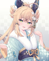 Rule 34 | 1girl, ahoge, alternate costume, animal ears, bell, belt, black bow, black sash, blonde hair, blue kimono, border, bow, box, branch, cat ears, cat girl, cat tail, commentary request, crossed bangs, fingernails, floral print, floral print kimono, flower, fur-trimmed kimono, fur trim, genshin impact, gradient background, green eyes, green kimono, green ribbon, hair bell, hair between eyes, hair bow, hair bun, hair flower, hair ornament, hair ribbon, hairclip, hands up, happy new year, holding, holding box, japanese clothes, kanora, kimono, kirara (genshin impact), kirara (post office) (genshin impact), long hair, long sleeves, looking at viewer, multiple tails, nekomata, new year, obiage, open mouth, paw pose, ribbon, sash, sidelocks, simple background, smile, solo, tail, tassel, twintails, two tails, white border, white flower, wide sleeves, yellow belt, yellow ribbon