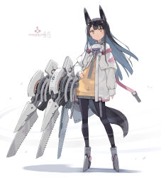 Rule 34 | 1girl, animal ear fluff, animal ears, armored boots, black hair, black pantyhose, boots, brown eyes, capelet, commentary request, full body, grey footwear, grey skirt, highres, jacket, long hair, long sleeves, looking at viewer, open clothes, open jacket, original, pantyhose, parted lips, pleated skirt, poco (asahi age), puffy long sleeves, puffy sleeves, shadow, skirt, sleeves past wrists, solo, standing, sweater, tail, very long hair, white background, white capelet, white jacket, yellow sweater