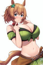 Rule 34 | 1girl, absurdres, alternate breast size, animal ears, armband, blouse, breasts, cleavage, green armband, green shirt, hair between eyes, highres, holstered, horse ears, horse girl, kannko bokujou, large breasts, looking at viewer, shirt, simple background, solo, taiki shuttle (umamusume), umamusume, white background