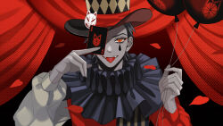 Rule 34 | 1boy, asymmetrical clothes, balloon, card, collar, curtains, envy baby (vocaloid), fangs, fox mask, frilled collar, frills, hands up, hat, highres, holding, holding card, koga act (vtuber), limited palette, looking at viewer, male focus, mask, one eye covered, petals, playing card, red eyes, red theme, ringed eyes, short hair, smile, solo, straight-on, striped, tongue, tongue out, top hat, upper body, virtual youtuber, yori (ito haruki)