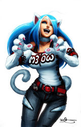 Rule 34 | 10s, 1girl, 2011, :3, animal ears, animal hands, artistic error, bare shoulders, belt, blue eyes, blue hair, breasts, capcom, casual, cat ears, cat paws, cat tail, claws, contemporary, denim, felicia (vampire), fur, hair over one eye, highres, jeans, large breasts, long hair, matching hair/eyes, multicolored hair, narrow waist, omar dogan, one eye closed, open mouth, pants, paw print, ripped jeans, signature, smile, solo, tail, thigh gap, thighs, torn clothes, torn jeans, torn pants, two-tone hair, vampire (game), wink, zipper
