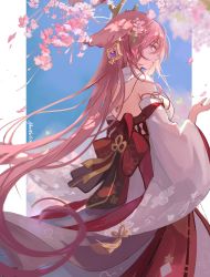 Rule 34 | 1girl, animal ears, bare shoulders, blue sky, border, breasts, cherry blossom print, cherry blossoms, commentary request, day, detached sleeves, earrings, floppy ears, floral print, flower, fox ears, from behind, from side, gem, genshin impact, hair between eyes, hair flower, hair ornament, highres, issign, japanese clothes, jewelry, large breasts, long hair, long sleeves, looking at viewer, nontraditional miko, outdoors, outside border, parted lips, petals, pillarboxed, pink fur, pink hair, purple eyes, purple gemstone, ribbon trim, signature, sky, sleeveless, solo, very long hair, white border, white sleeves, wide sleeves, yae miko